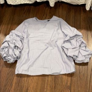 Blue and white striped ruffle sleeve shirt